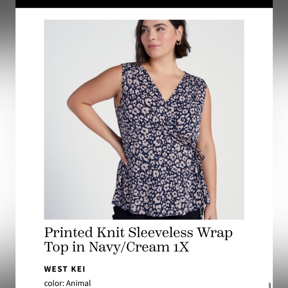 Printed Knit Sleeveless Wrap Top in Navy/Cream 1X